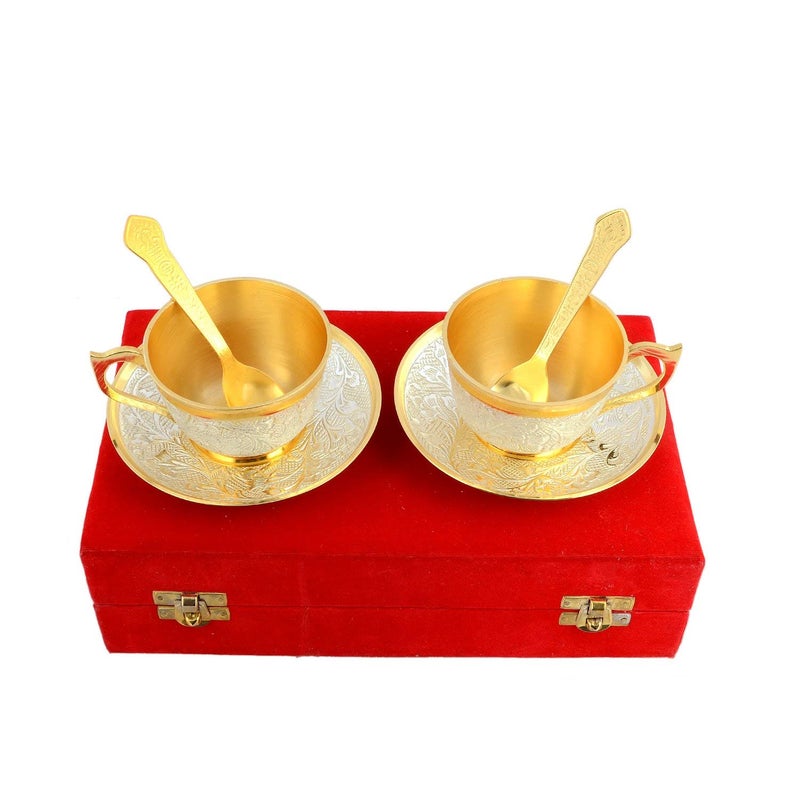 PIEPOT Piepot Brass Gold Silver Plated Cup Saucer Set of 2 with Red Velvet Box Pack of 6 2 Cup 2 Saucer Spoon Best of Tea Coffe Anitique Look  - Image 1