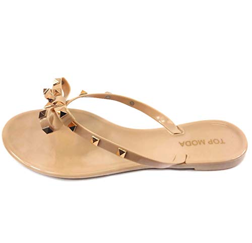 TOP Moda Womens Studded Jelly Flip Flops Sandals with Bow, Nude, 7 - Image 4