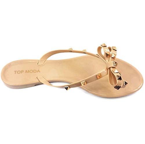 TOP Moda Womens Studded Jelly Flip Flops Sandals with Bow, Nude, 7 - Image 5