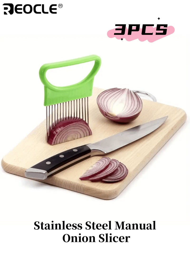 REOCLE 3pcs Stainless Steel Manual Onion Slicer No Electricity Needed Hand Safe Fruit Cutter for Kitchen and Restaurant Multi Use Kitchen Tool Use Durable Kitchenware - Image 1