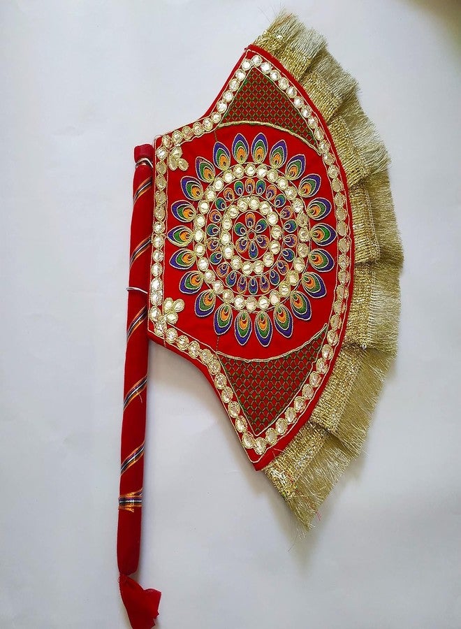 LUCKYMORDEN Cloth Decorative Handmade Fan for Weddings and Other Occasion/Marriage Hand Fan/Shadi ka Pankha/Vinjano/Pankhi Golden Red - Image 1