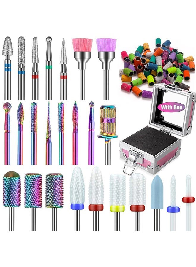 Depvko 25Pcs Nail Drill Bits Set with Pink Holder and 50Pcs 8 Colors Sanding Bands, Tungsten Carbide Ceramic Diamond 3/32 inch Nail Drill Bits Remove Acrylic Poly Nail Gel Nail Polish - Image 1