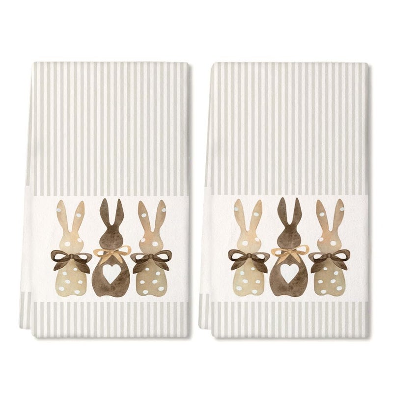ARKENY Easter Kitchen Towels Set of 2,Beige Bunny Dish Towels 18x26 Inch Drying Dishcloth,Farmhouse Home Seasonal Spring Decorations AD220 - Image 1