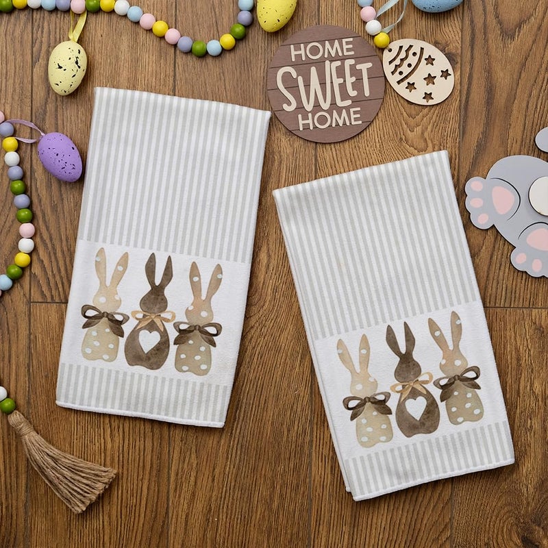 ARKENY Easter Kitchen Towels Set of 2,Beige Bunny Dish Towels 18x26 Inch Drying Dishcloth,Farmhouse Home Seasonal Spring Decorations AD220 - Image 3