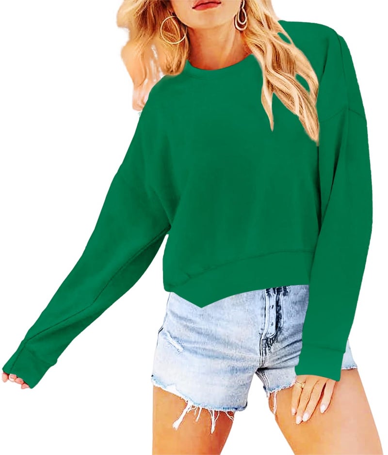 Joywayco Women's Long Sleeve Round Neck Cropped Sweatshirts Cute Loose Fit Pullover Tops (US, Alpha, Medium, Regular, Regular, Green) - Image 2