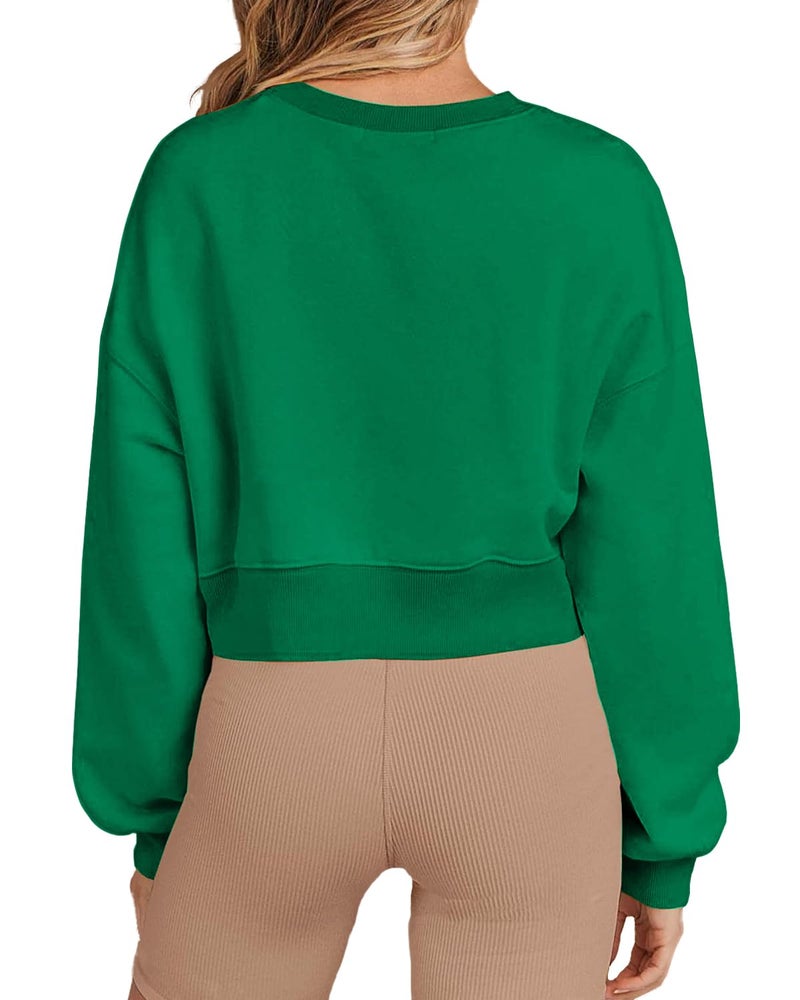 Joywayco Women's Long Sleeve Round Neck Cropped Sweatshirts Cute Loose Fit Pullover Tops (US, Alpha, Medium, Regular, Regular, Green) - Image 3
