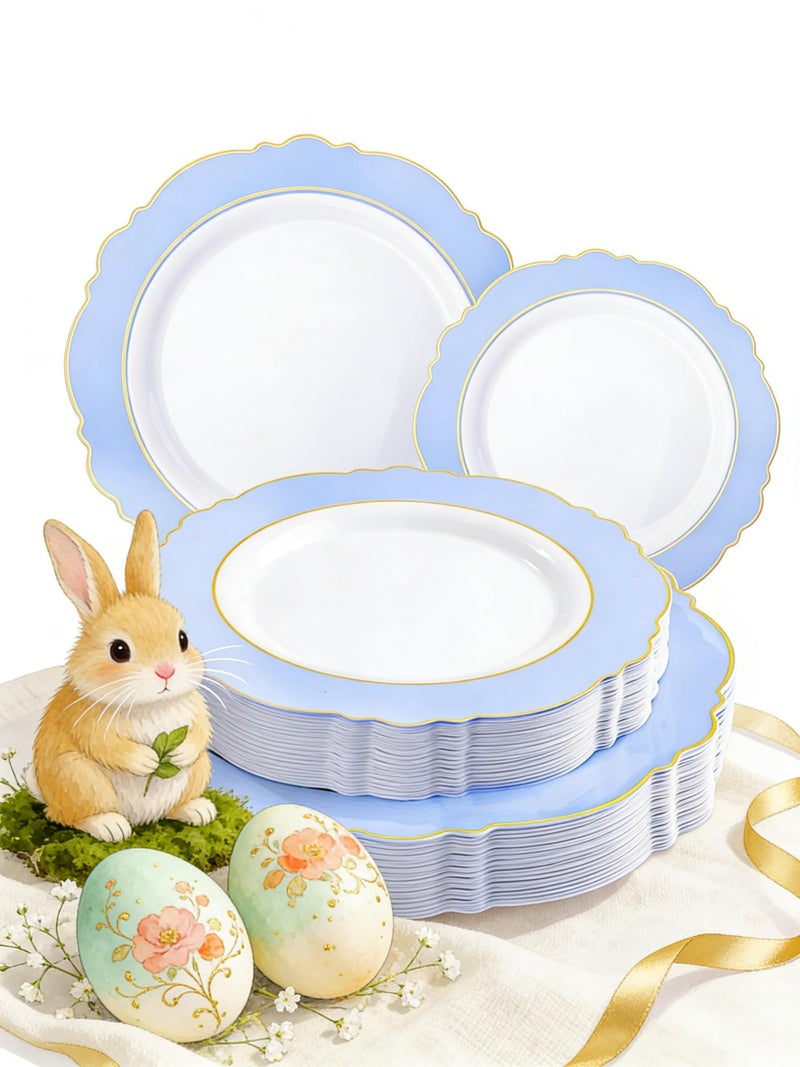 WDF 60pcs Blue Plates Disposable With Gold Rim - Baroque Baby Blue Plastic Party Plates for Wedding/Party/Baby Shower/Easter - Image 1