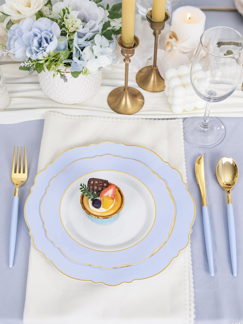 WDF 60pcs Blue Plates Disposable With Gold Rim - Baroque Baby Blue Plastic Party Plates for Wedding/Party/Baby Shower/Easter - Image 4