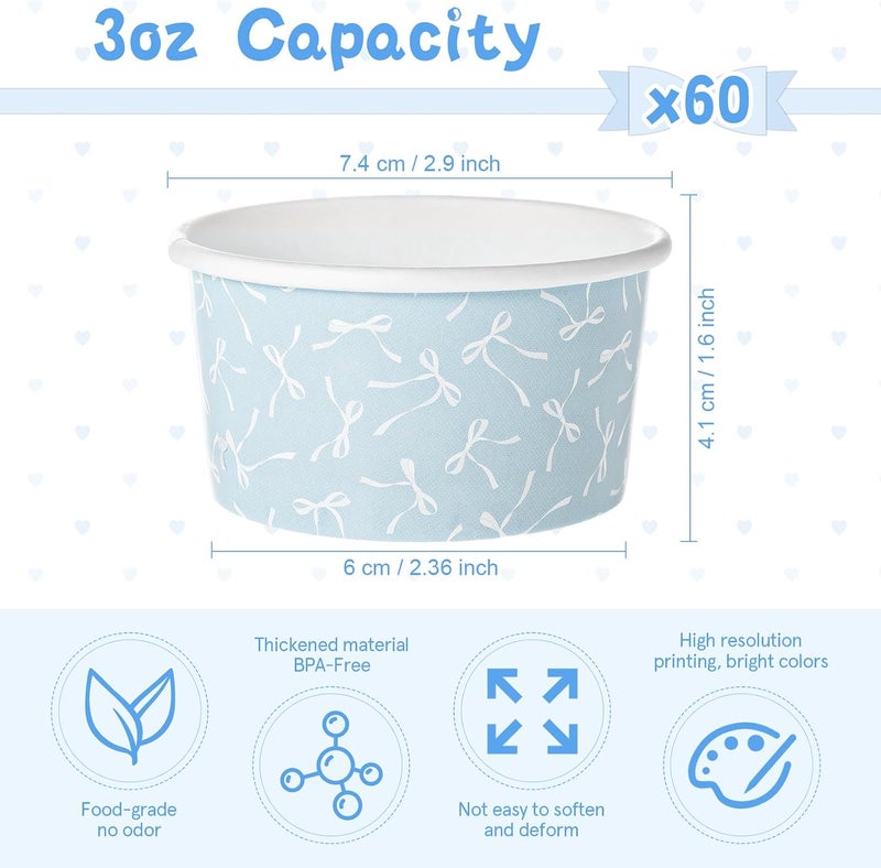 Maxdot 3 oz Bow Treat Snack Cups 60 Pcs Dessert Cups Disposable Ice Cream Dessert Bowls, Paper Yogurt Bowls, for Hot and Cold Foods, Suitable for Gelato or Mousse (Blue) - Image 2