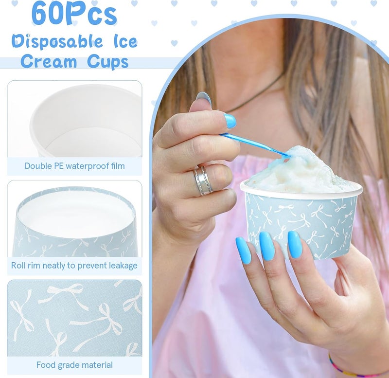 Maxdot 3 oz Bow Treat Snack Cups 60 Pcs Dessert Cups Disposable Ice Cream Dessert Bowls, Paper Yogurt Bowls, for Hot and Cold Foods, Suitable for Gelato or Mousse (Blue) - Image 3