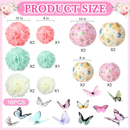 Rossesay 35 Pcs Butterfly Flower Paper Lantern and Poms Fairy Tea Party Decoration for Spring 8 Flower Paper Lantern 9 Tissue Bloom Pom Pom 18 Butterfly for Tea Fairy Party Fancy Birthday Decor Garden - Image 3