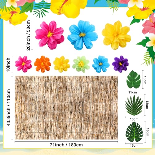 Canlierr 22 Pcs Hawaiian Beach Backdrop with Hawaii Paper Flowers Decorations Set 71 x 43 Inch Hawaiian Backdrop 3D Hibiscus Paper Flower Palm Leaves for Aloha Luau Party Decorations (Reed Style) - Image 2