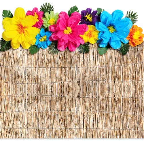 Canlierr 22 Pcs Hawaiian Beach Backdrop with Hawaii Paper Flowers Decorations Set 71 x 43 Inch Hawaiian Backdrop 3D Hibiscus Paper Flower Palm Leaves for Aloha Luau Party Decorations (Reed Style) - Image 1