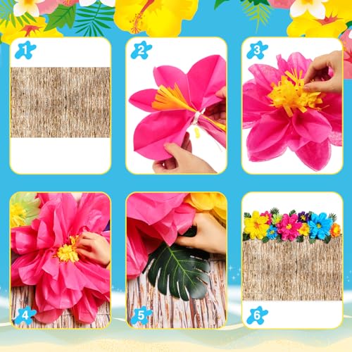 Canlierr 22 Pcs Hawaiian Beach Backdrop with Hawaii Paper Flowers Decorations Set 71 x 43 Inch Hawaiian Backdrop 3D Hibiscus Paper Flower Palm Leaves for Aloha Luau Party Decorations (Reed Style) - Image 4