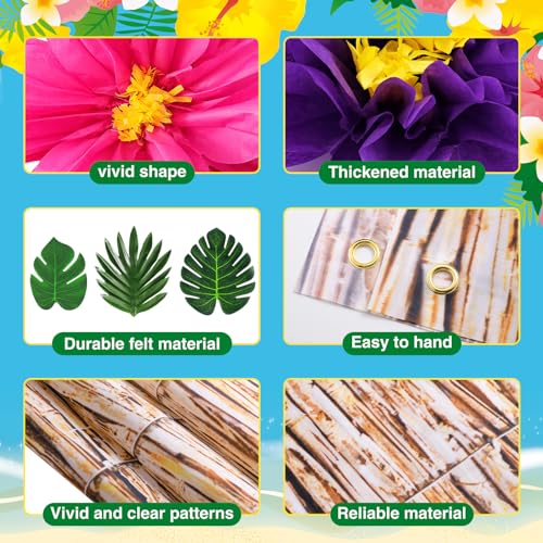 Canlierr 22 Pcs Hawaiian Beach Backdrop with Hawaii Paper Flowers Decorations Set 71 x 43 Inch Hawaiian Backdrop 3D Hibiscus Paper Flower Palm Leaves for Aloha Luau Party Decorations (Reed Style) - Image 3
