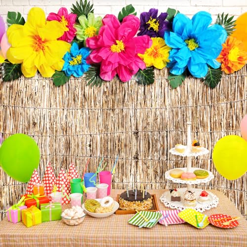 Canlierr 22 Pcs Hawaiian Beach Backdrop with Hawaii Paper Flowers Decorations Set 71 x 43 Inch Hawaiian Backdrop 3D Hibiscus Paper Flower Palm Leaves for Aloha Luau Party Decorations (Reed Style) - Image 5