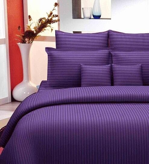 DECOR2ADMIRE 300TC Pure Cotton Plain Stripe King Size Double Bedsheet for Double Bed with Two Pillow Covers (King, Purple)(100 * 108 Inches) - Image 1