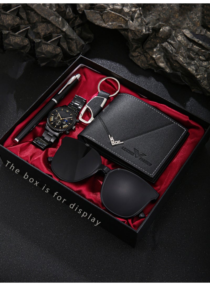 5PCS ساعة رجال مجموعة، عارضة 100 ركوب الأعمال الأزياء الفولاذ المقاوم للصدأ الساعة الأزياء + محفظة + النظارات الزخرفية + قفل المفتاح + توقيع قلم، مناسبة له عيد الميلاد الكمال هدية عيد الميلاد - Image 1
