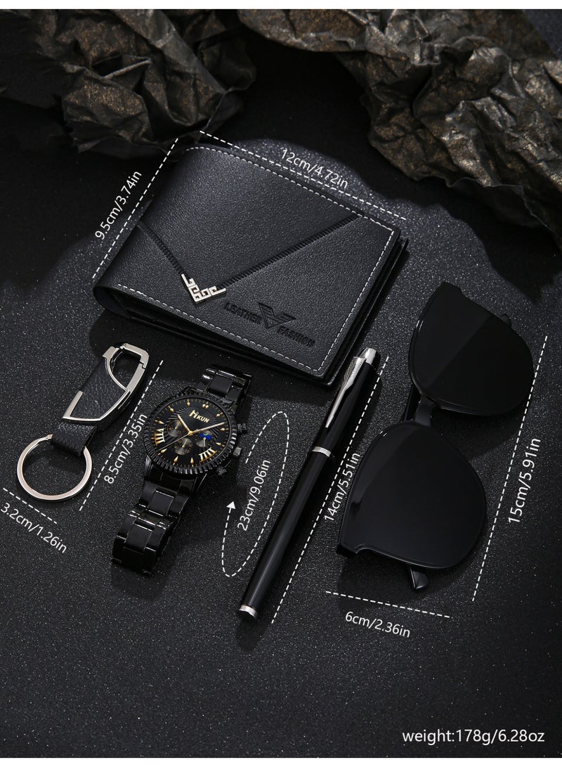 5PCS ساعة رجال مجموعة، عارضة 100 ركوب الأعمال الأزياء الفولاذ المقاوم للصدأ الساعة الأزياء + محفظة + النظارات الزخرفية + قفل المفتاح + توقيع قلم، مناسبة له عيد الميلاد الكمال هدية عيد الميلاد - Image 3