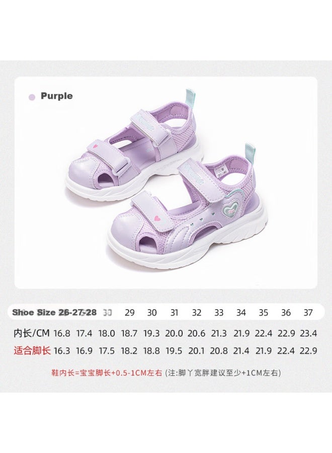 Follow Me Girls' Sandals, Children's Beach Shoes, Summer Soft-soled Closed-toe Sandals, Velcro Sports Casual, Purple, Size 34