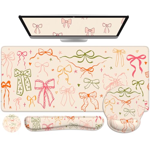 iCasso Desk Pad Mat Large Mouse Pad and Keyboard Wrist Rest Set Desk Protector Mat4in1 Ergonomic Carpal Tunnel Keyboard Pad with Wrist Support for Desktop Home Office Computer Colorful Ribbon - Image 1
