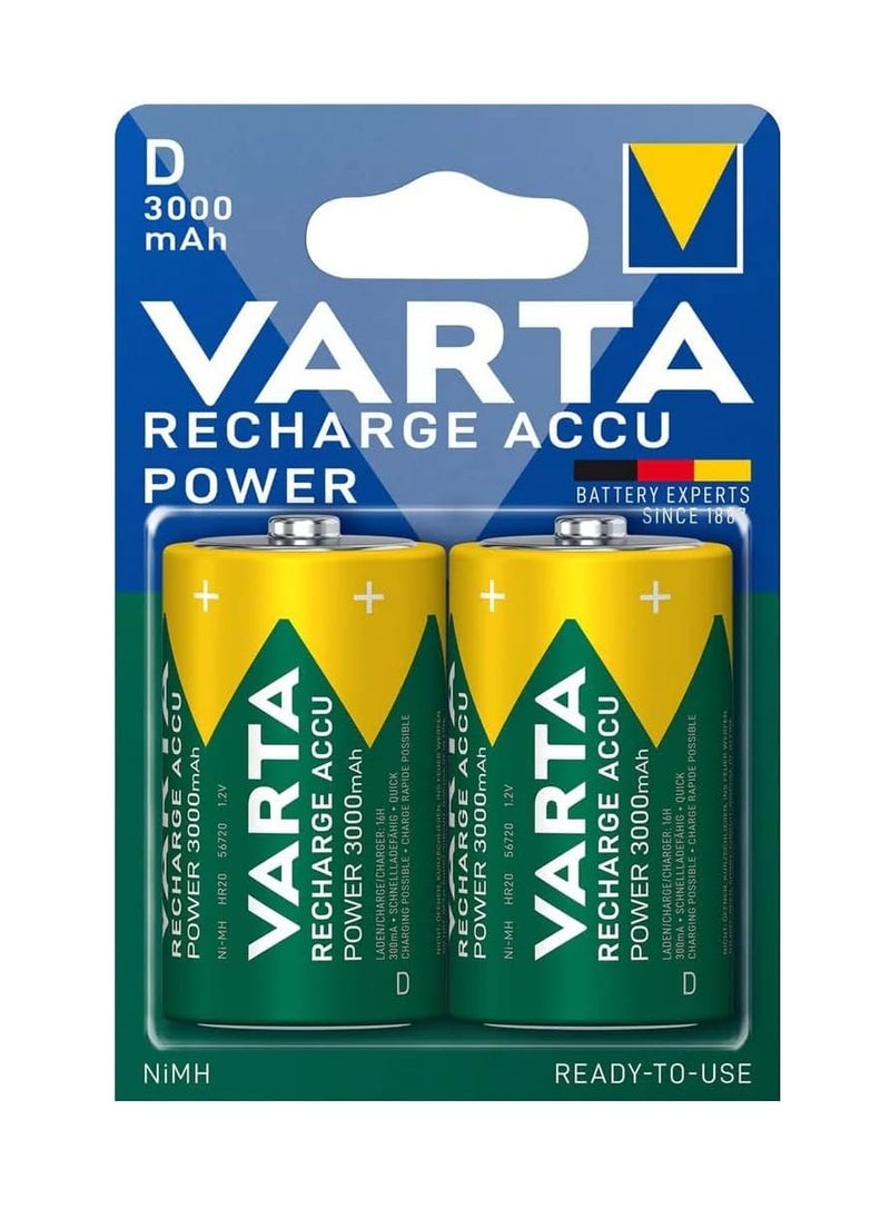VARTA Rechargeable ACCU Power Batteries 56720 , Ni-Mh (2-Pack, D 3000 mAh) - Pre-charged 1.2V  - Image 1