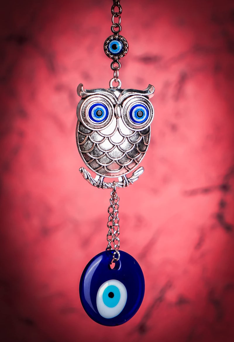 DT DECTONE Metal Owl Evil Eye Wall Hanging | Nazar Battu Showpiece For Home, Office, House | Protection And Good Luck Charm Gift In A Box | Hanging Ornament Ee-1501, Silver - Image 2