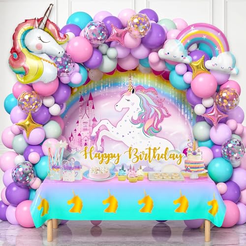 Winrayk 144Pcs Purple Unicorn Party Decorations Birthday Supplies for Girls Purple Pink Blue Balloon Arch Kit with Backdrop Tablecloth Foil Balloons Kids Rainbow Unicorn Themed Birthday Decorations - Image 1