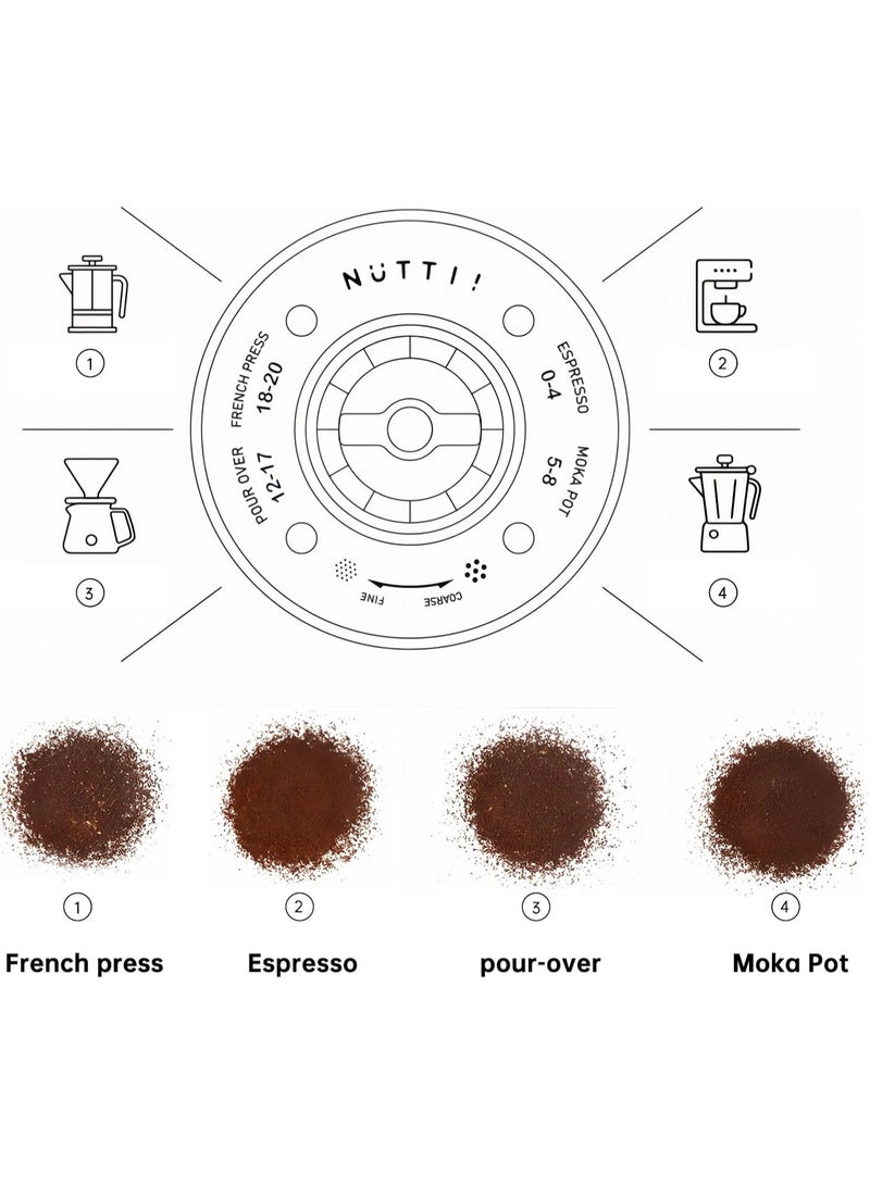 NUTTII NUTTII OX Electric Burr Coffee Grinder – Quiet, Mini, Portable, Adjustable Conical Burr Mill, Precision 20 Grind Settings for Espresso, Pour-Over, French Press Moka(Almond Cream)  - Image 4