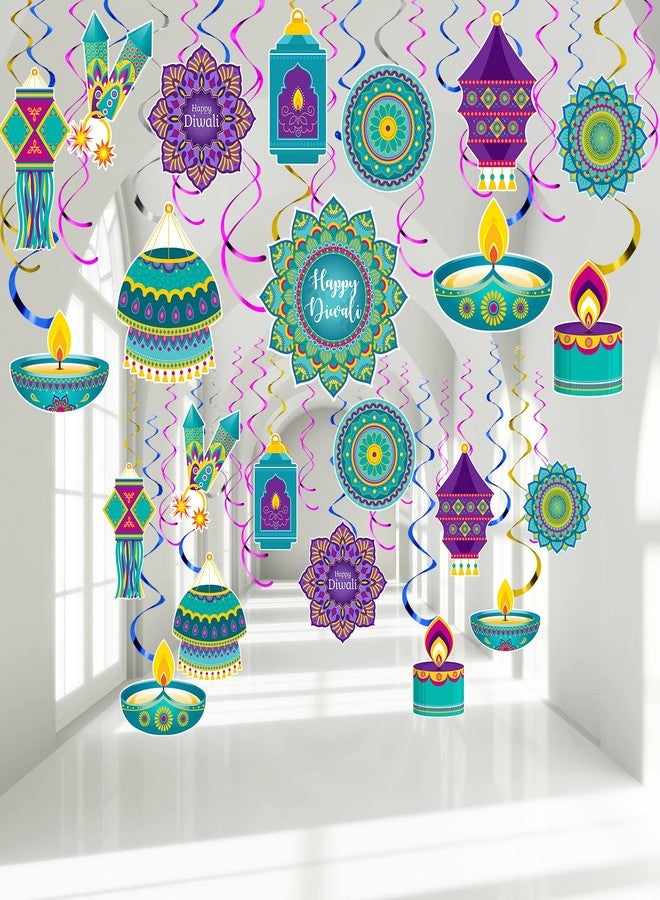 Clabby 54 Pcs Diwali Party Decorations, Happy Diwali Party Hanging Swirls Deepavali Ceiling Decor Foil Double Spiral Lights Rangoli Hanging Swirls Decor for Home Indian Party Supplies - Image 1