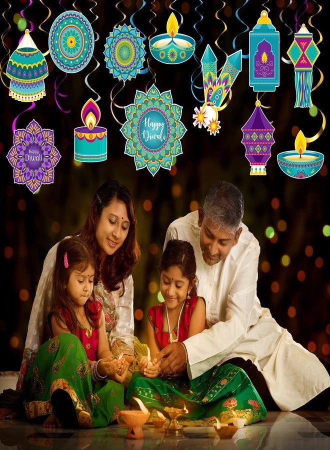 Clabby 54 Pcs Diwali Party Decorations, Happy Diwali Party Hanging Swirls Deepavali Ceiling Decor Foil Double Spiral Lights Rangoli Hanging Swirls Decor for Home Indian Party Supplies - Image 5