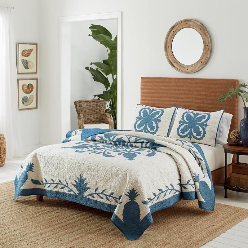 Tommy Bahama King Quilt Naturally Soft Cotton Printed Bedding with a Solid Reverse Lightweight for Year Round Comfort Aloha Pineapple Blue