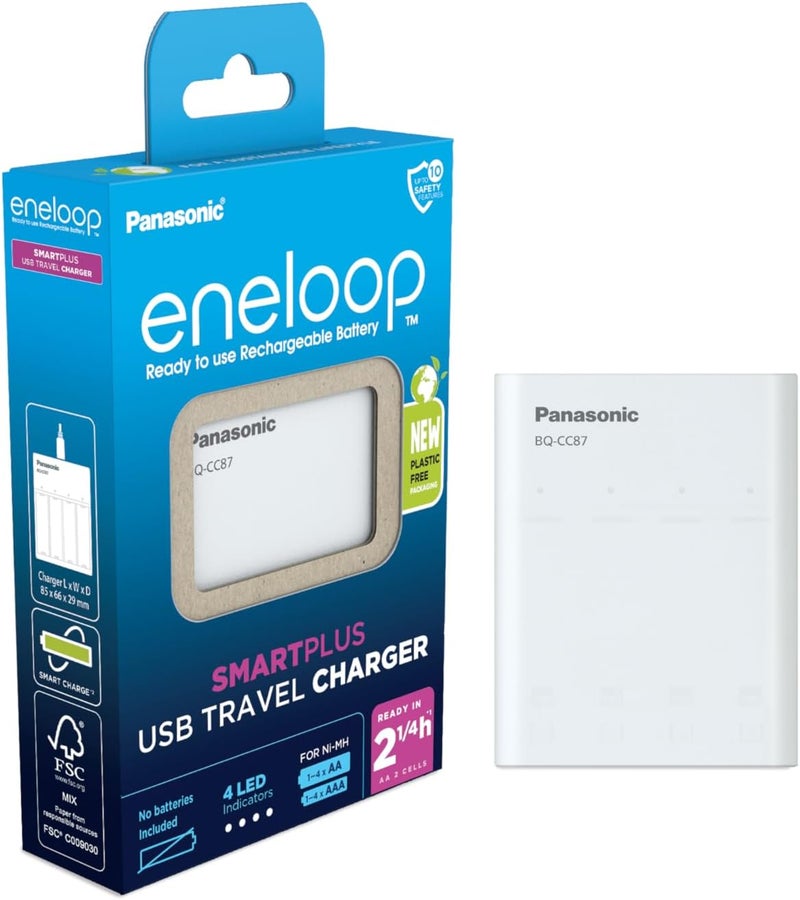 إنيلوب شاحن USB للسفر SmartPlus، لـ 1-4 بطاريات AA/AAA قابلة لإعادة الشحن، وقت شحن 2.25 ساعة، 10 ميزات أمان، USB - Image 1