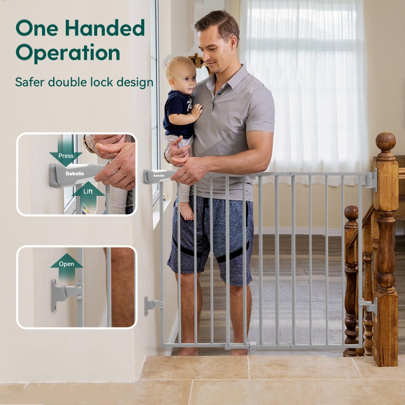 Babelio Baby Gate for Stairs, Kitchen & Doorways, 26-43" W 28" H No Bottom Bar| Easy Installation| One-Handed Operation| Auto-Close| Hardware Mount (Drill Needed) Safety Dog/Pet Gate Indoor (Grey) - Image 5