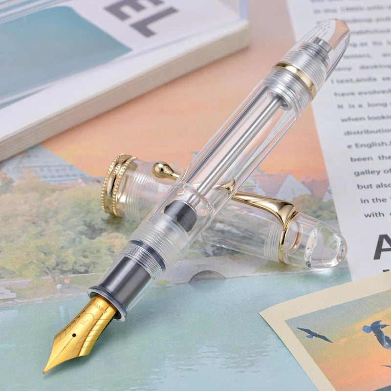 Asvine V800 Fountain Pen - Vacuum Filling System with Large Ink Capacity - Smooth Number 8 Extra Fine Nib with Gift Case and Wrench- Clear Gold Acrylic - Image 4