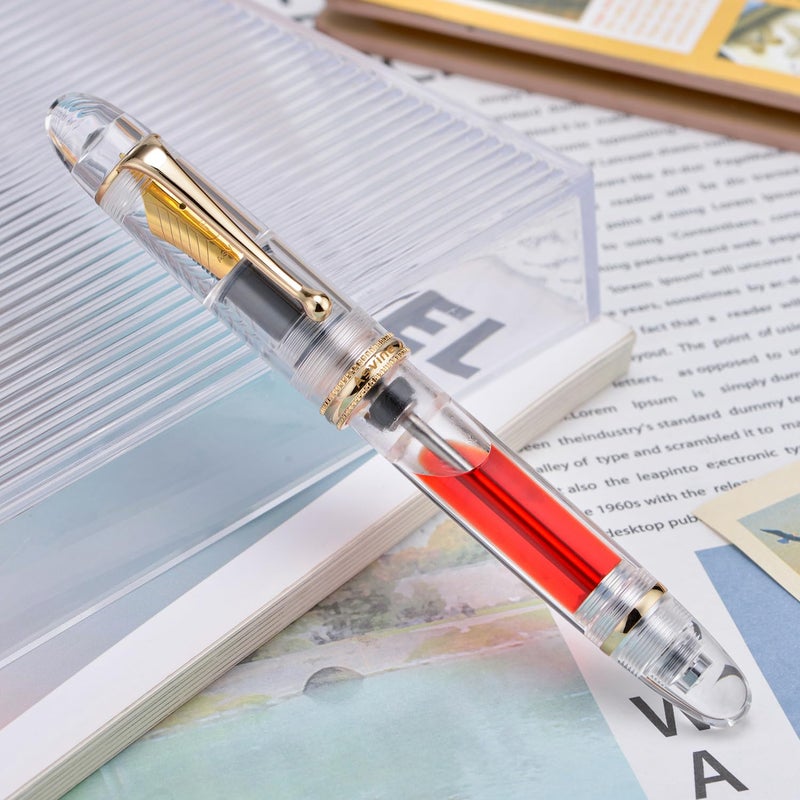 Asvine V800 Fountain Pen - Vacuum Filling System with Large Ink Capacity - Smooth Number 8 Extra Fine Nib with Gift Case and Wrench- Clear Gold Acrylic - Image 5