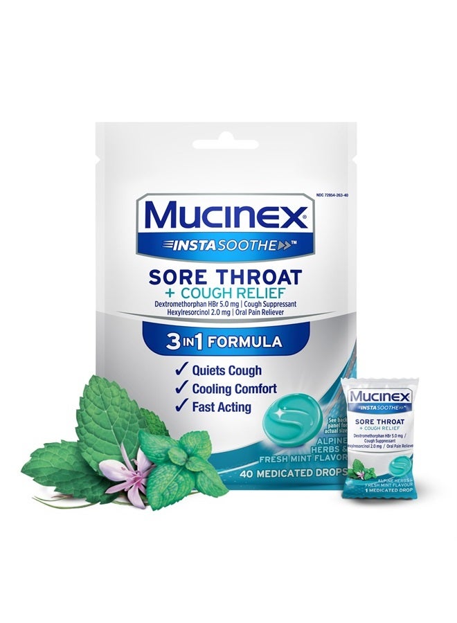 MUCINEX إنستاسوتhe لتخفيف التهاب الحلق + تخفيف السعال، أقراص التهاب الحلق، قطرات السعال مع ديكستروميثورفان HBr وهيكسيلريسورسينول، أعشاب الألب والنعناع الطازج بنكهة قطرات الحلق، 40 حبة - Image 1