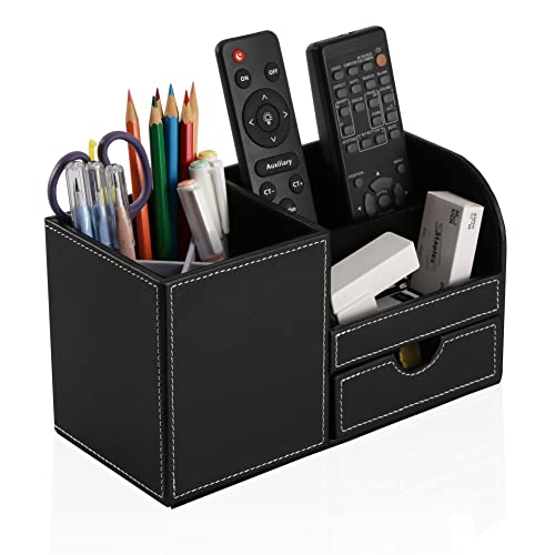 KINGFOM Desk Organizer Office Supplies Caddy Pu Leather Multi-function Storage Box Pen/Pencil,Cell phone, Business Name Cards Remote Control Holder with Small Drawer Black - Image 4