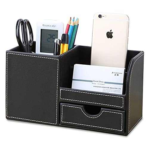 KINGFOM Desk Organizer Office Supplies Caddy Pu Leather Multi-function Storage Box Pen/Pencil,Cell phone, Business Name Cards Remote Control Holder with Small Drawer Black - Image 1