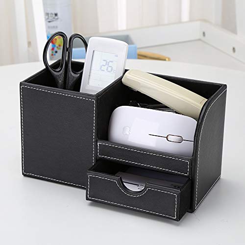 KINGFOM Desk Organizer Office Supplies Caddy Pu Leather Multi-function Storage Box Pen/Pencil,Cell phone, Business Name Cards Remote Control Holder with Small Drawer Black - Image 5