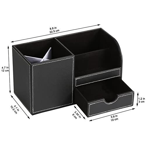 KINGFOM Desk Organizer Office Supplies Caddy Pu Leather Multi-function Storage Box Pen/Pencil,Cell phone, Business Name Cards Remote Control Holder with Small Drawer Black - Image 2