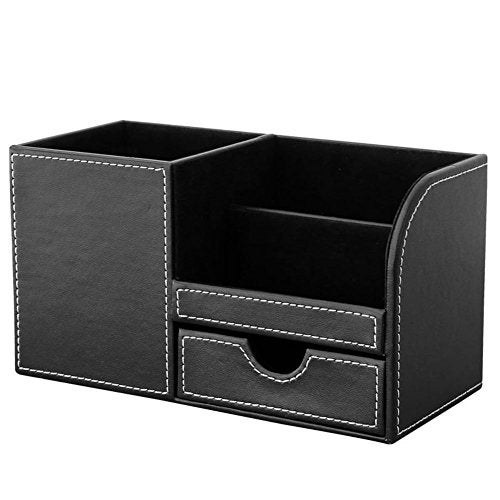 KINGFOM Desk Organizer Office Supplies Caddy Pu Leather Multi-function Storage Box Pen/Pencil,Cell phone, Business Name Cards Remote Control Holder with Small Drawer Black - Image 3