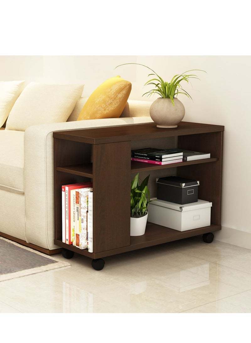 Eleva Home Modern Wooden Side Table with Shelves & Casters, Multifunctional End Table for Small Space, Brown - Image 1