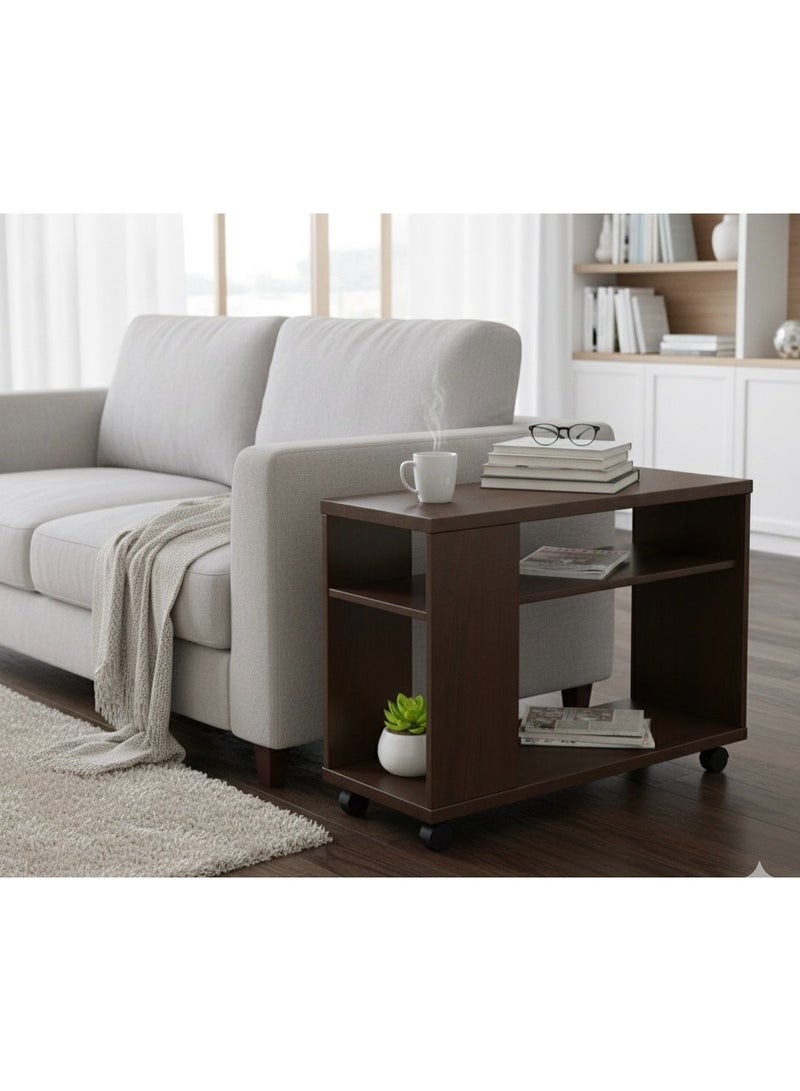Eleva Home Modern Wooden Side Table with Shelves & Casters, Multifunctional End Table for Small Space, Brown - Image 2