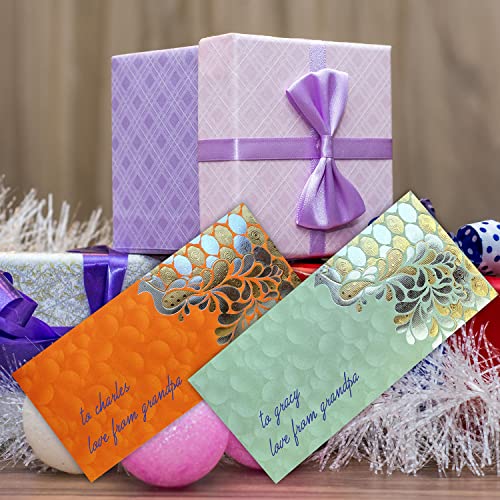 PARTH IMPEX Shagun Gift Envelope for Cash (Pack of 50) 7.5" x 3.5" Peacock Feather Gold Silver Foil Stamping Assorted Color Money Holder Card for Christmas Diwali Birthday Wedding Graduation - Image 3