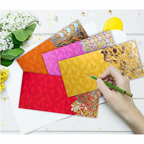 PARTH IMPEX Shagun Gift Envelope for Cash (Pack of 50) 7.5" x 3.5" Peacock Feather Gold Silver Foil Stamping Assorted Color Money Holder Card for Christmas Diwali Birthday Wedding Graduation - Image 4