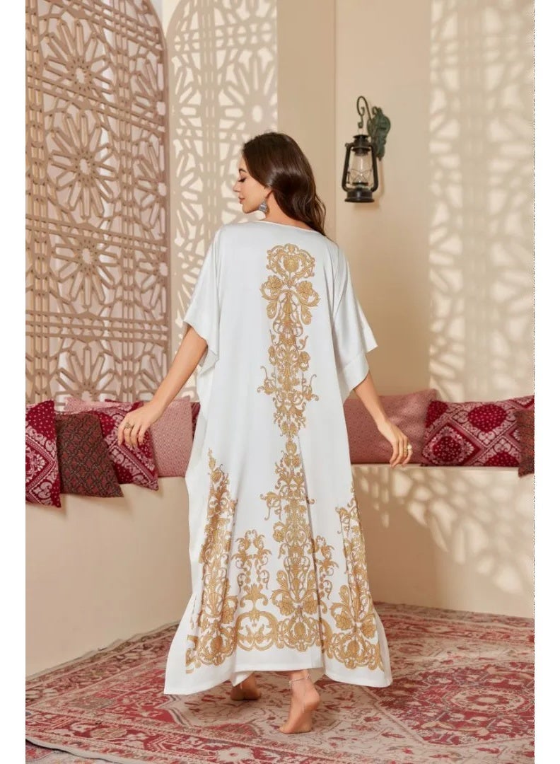 Closme Traditional Gold Print Abaya – Women's Loose Fit Batwing Sleeve Kaftan for Casual & Formal Wear - Image 2