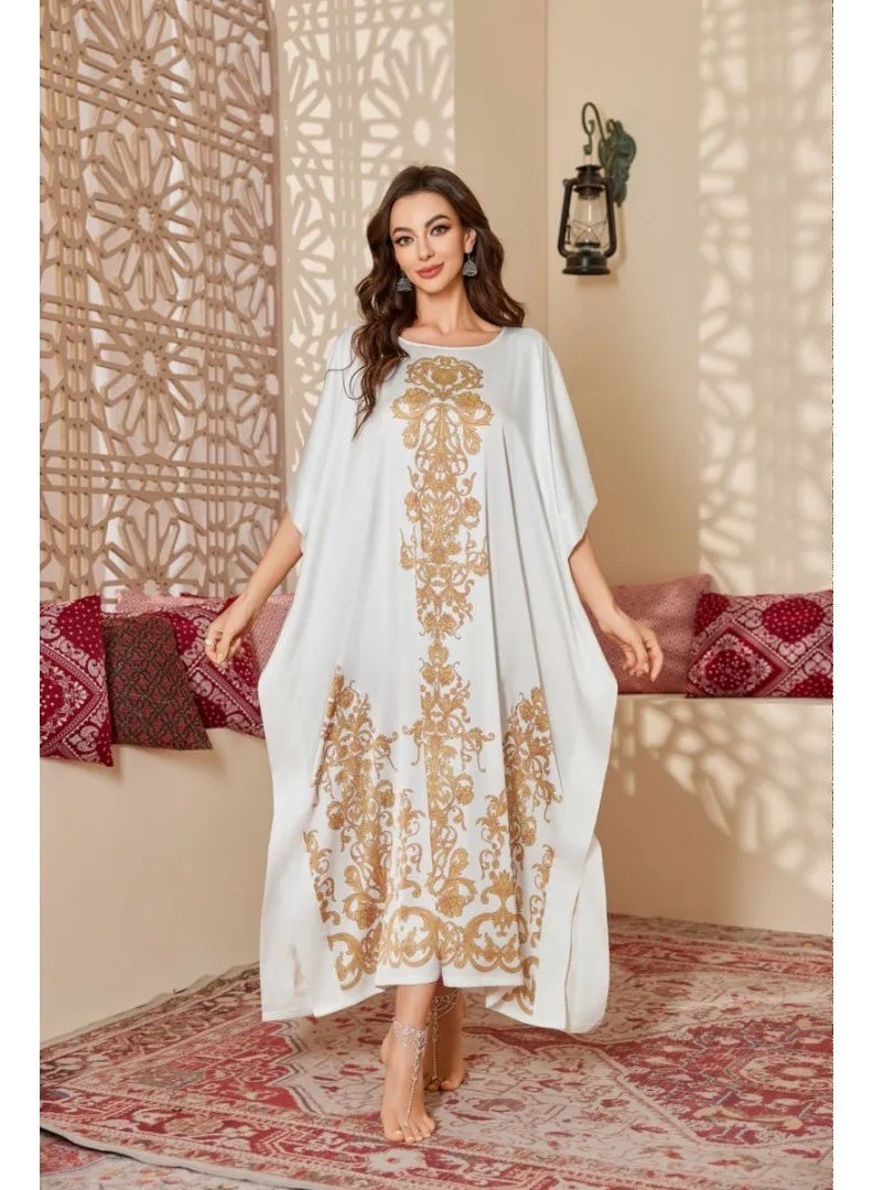 Closme Traditional Gold Print Abaya – Women's Loose Fit Batwing Sleeve Kaftan for Casual & Formal Wear - Image 1
