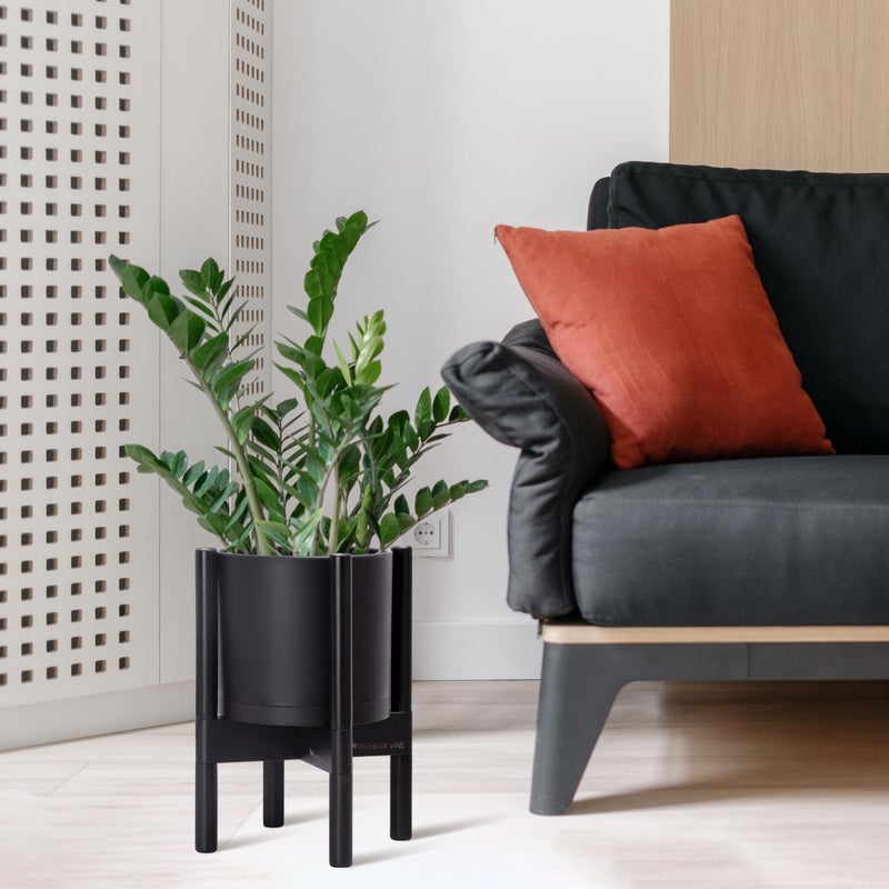 D'vine Dev Planter Pot with Stand - 8 Inch Plastic Cylinder Flower Pot with Wood Planter Holder for Indoor, Matte Black Pot + Ebony Stand, 55-C-K-2 - Image 4