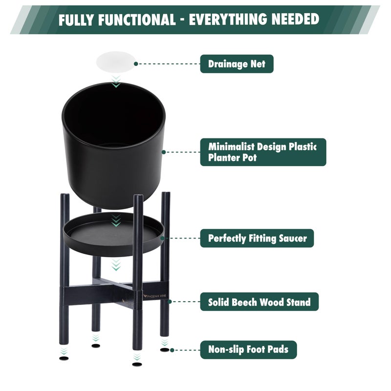 D'vine Dev Planter Pot with Stand - 8 Inch Plastic Cylinder Flower Pot with Wood Planter Holder for Indoor, Matte Black Pot + Ebony Stand, 55-C-K-2 - Image 5